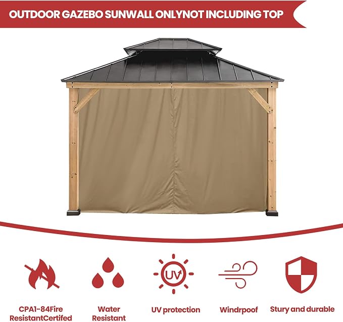 Coastshade Gazebo Pergola Canopy Panel Sidewalls Replacement 12ft Gazebo Pergola Privacy Panels Sidewall for Gazebos with 14Curtain Rings &14Rail Hooks, Khaki