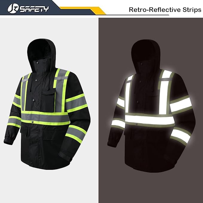 JKSafety Hi-Vis Reflective Safety Rain Jacket for Men Women Waterproof Rain Gears for Farming Fishing Work HV Rain Jacket with Inner Mesh Lining and Pockets (117A-Black XL)