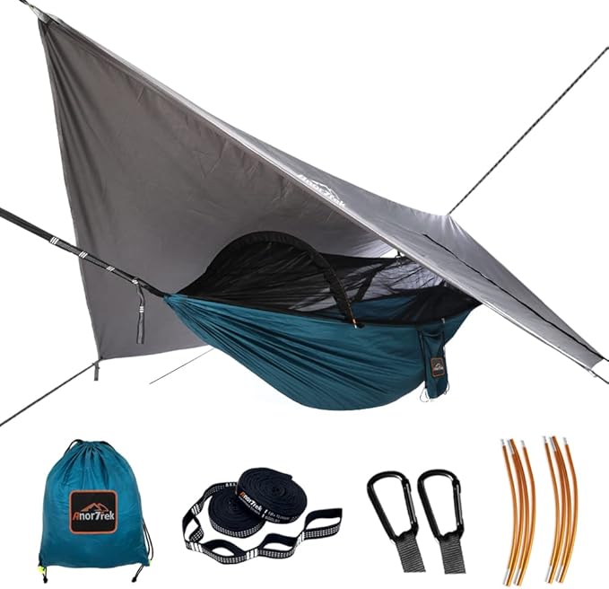 AnorTrek Camping Hammock with Mosquito Net and Rain Fly Tarp, Portable Double Hammock with Two Tree Straps, 230T Nylon Hammock and Waterproof Rain Fly Set for Hiking, Backpacking, Overnight (Blue)