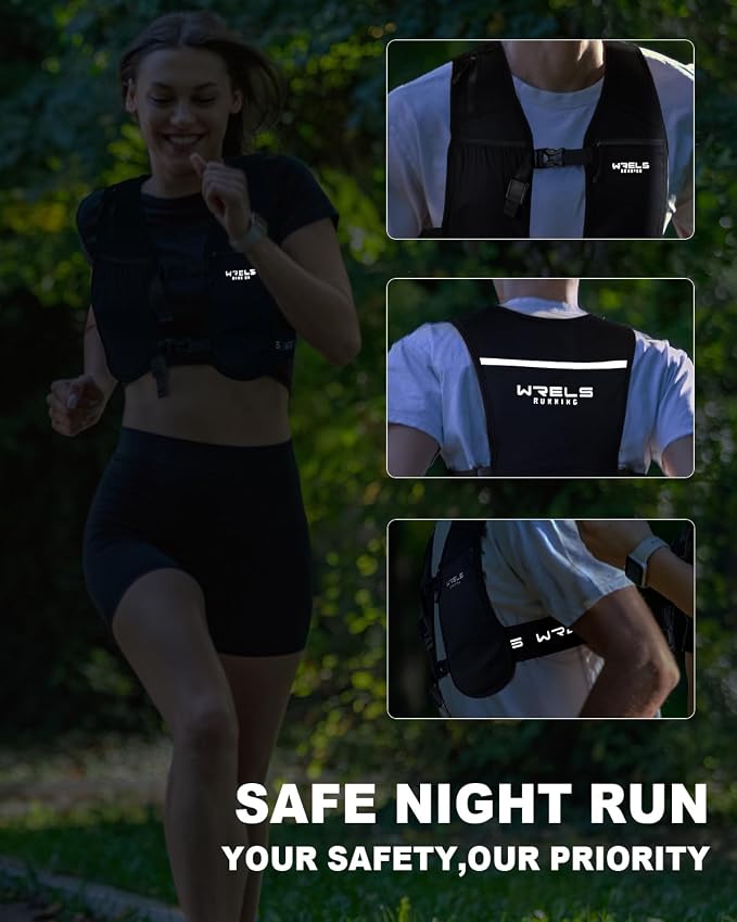 WRELS Running Vest for Women Men,Lightweight Reflective Hydration Vest with TPU 500ml Soft Flask,Adjustable Chest Straps Phone Pocket for Running Marathon