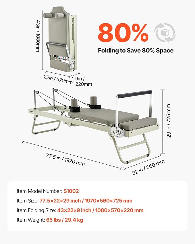 VEVOR Pilates Reformer Foldable, Suitable for Intermediate and Beginners Users, Pilates Equipment for Home Gym Studio Use with 4 Adjustable Resistance Spring, Up to 400 LBS