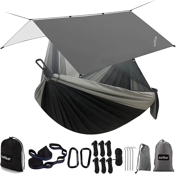 Sunyear Hammock Camping with Rain Fly Tarp and Net, Portable Camping Hammock Double Tree Hammock Outdoor Indoor Backpacking Travel & Survival, 2 Tree Straps,100% Waterproof