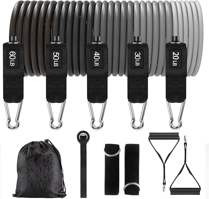WHATAFIT Resistance Bands, Exercise Bands, Workout Bands with Handles, Door Anchor and Ankle Straps, 5 Resistance Levels Fitness Bands for Strength Training, Physical Therapy, and Home Gym Equipment