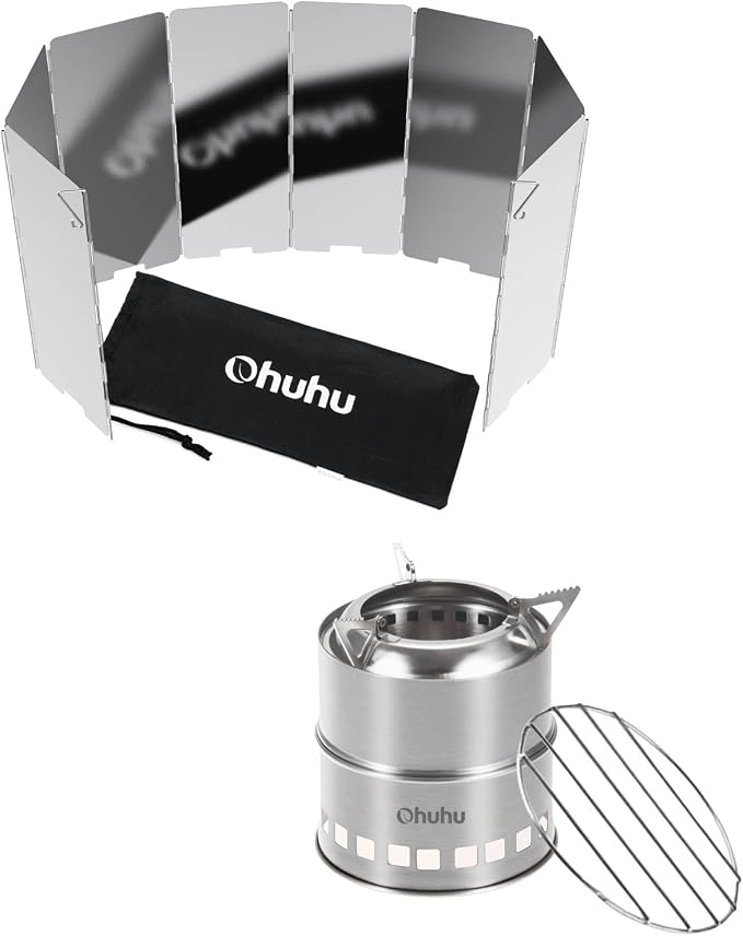 Ohuhu Wood Burning Camp Stoves + 8 Plates Camp Stove Windscreen for Camping Picnic, Backpacking, Cooking