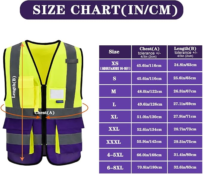 Yellow&Purple X-Small High Visibility REFLECTIVE Safety Vest with 4 Reflective Strips 7 Pockets ZIPPER