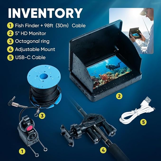 Underwater Fishing Camera with 5" IPS Monitor, 98ft Cable, 12 IR LEDs, IP68 Waterproof, 8000mAh Rechargeable for Ice Fishing, Lake, Dock & Boat Use