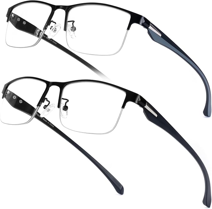 SKYOAK 2 Pack TR90 Premium Reading Glasses for Men, Half Frame No-Line Blue Light Blocking Computer Readers Anti UV400 Eyeglasses Clear Vision, Black and Gun +1.75x