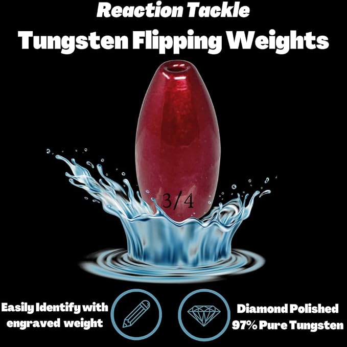 Reaction Tackle Tungsten Flipping Weights for Bass Fishing - Sinkers for Punching Heavy Cover - Fresh & Saltwater - Texas/Carolina Rigs - Size Stamped