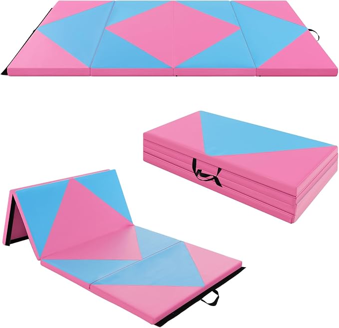 Goplus Gymnastics Mat, Folding Tumbling Mat with Carry Handles, Hook & Loop Fasteners, 4 Panels for Fitness Exercise Yoga Stretching Aerobics Workouts, Thick Gym Mats for Home