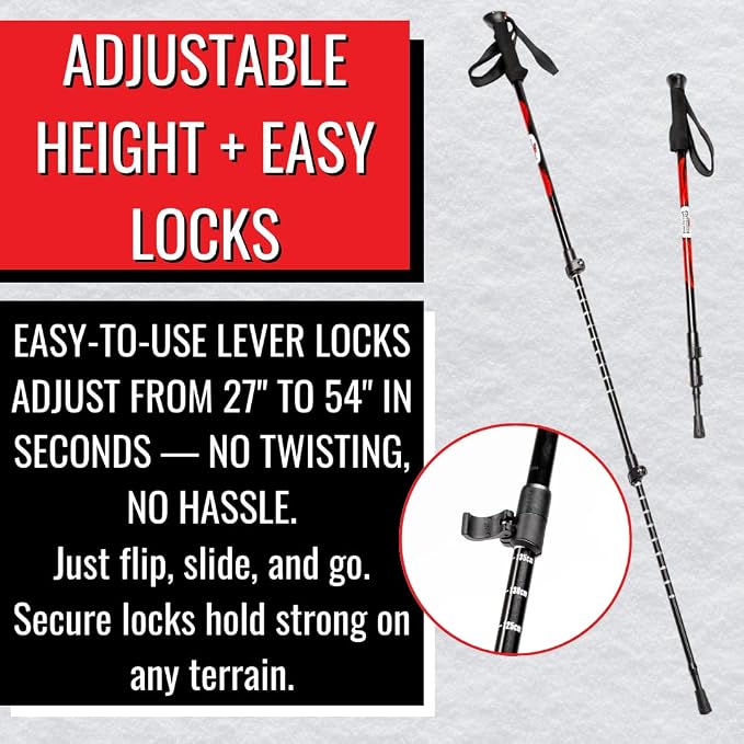 Trekking Poles – Adjustable Lightweight Hiking Poles with Snow Baskets & Carbide Tips for Winter, Rubber Tips for Summer, All-Terrain Use