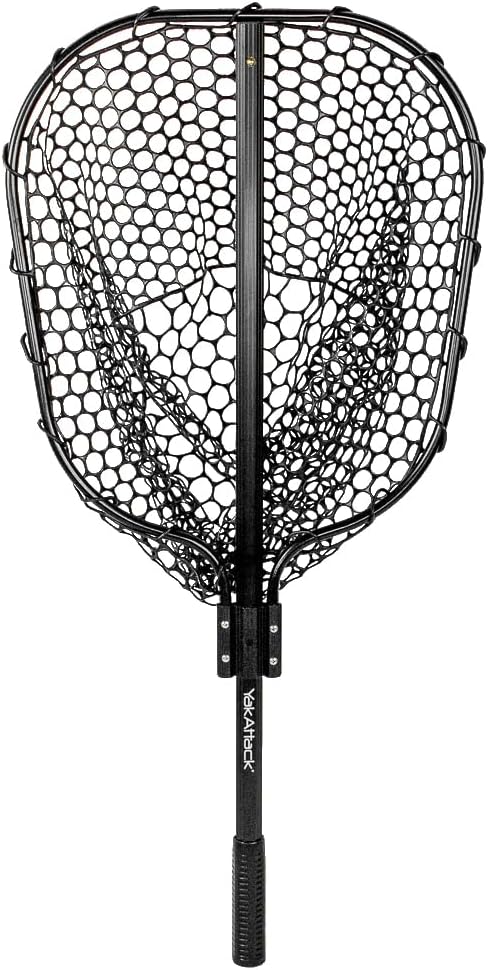 YakAttack Floating Fishing Net with Rubber Netting |16” x 19” Hoop, 11” Depth, 56” Telescoping Aluminum Handle | Snag-Free Landing Net for Kayak, Canoe, or Boat Anglers | Black