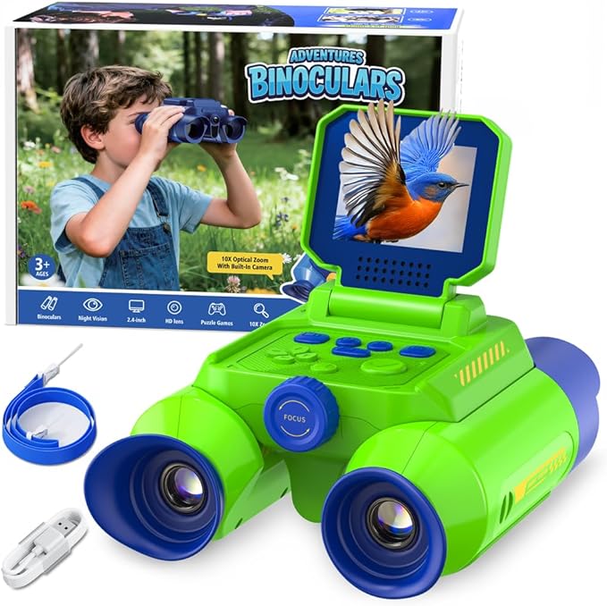 Binoculars for Kids with Night Vision, 2.4" HD Screen & 10X Zoom for Photo and Video - Outdoor Adventure Binoculars Bird Watching, Camping, Hiking, Gifts for Kids Ages 4+ (Green)
