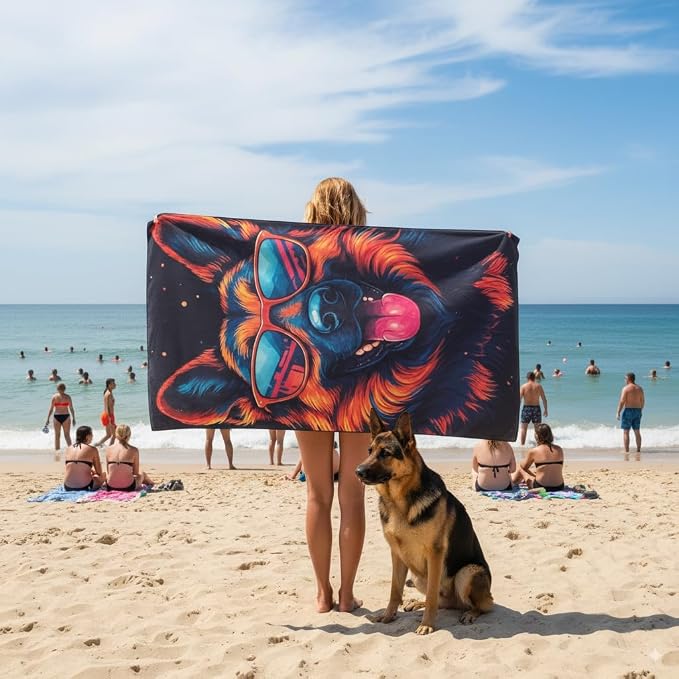 Microfiber Funny German Shepherd in Sunglasses Colorful Beach Towel for Women, Girls, Kids, Boys, Men, Plush Beach Towel, Absorbent Pool Towel Super Soft, Oversized 31x62 Inches