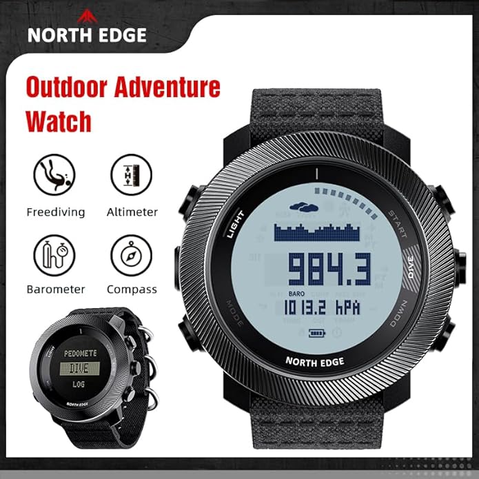 NORTH EDGE Apache-D Freediving Watch for Men, 100M Water Resistant Digital Outdoor Watch with 50M Dive Mode, Compass, Altimeter, Barometer, Thermometer, Pedometer, Rechargeable Hiking Watch