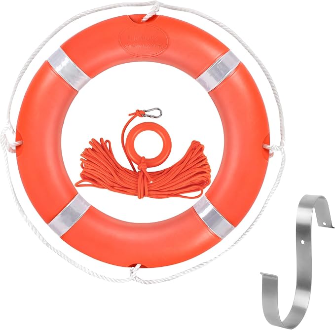 Life Preserver Ring 23"/28", Boat Safety Throw Rings with Bracket, Orange Buoy with Rope 98.5 FT and Reflective Tape for Boat