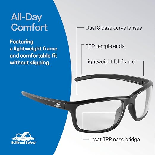 Bullhead Safety Eyewear Pompano Glasses – Anti-Fog, Lightweight, Scratch Resistant, UV Light Blocking Sunglasses for Driving, Golf, Boating, Outdoor Work, Clear Lens