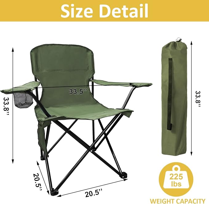 Folding Camping Chair with Cup Holder & Storage Bag, 225lbs Capacity, Large Anti-Sink Feet, Breathable PE Coated Fabric for Outdoor, Hiking, Beach, Fishing, Backpacking, Green