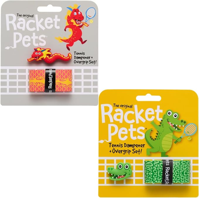 Racket Pets Kids Tennis Racket Dampener & Matching Overgrip Tape, Dragon & Alligator