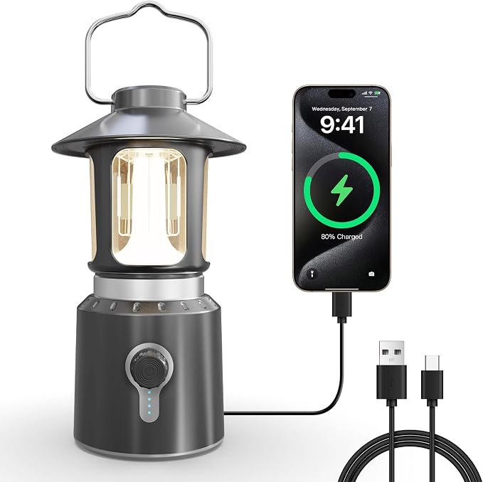 LED Camping Lantern, 8000mAh Telescopic Vintage Rechargeable Lantern, Dual Light Source & 3 Light Modes (2000K-6500K), 360° Lighting Emergency Lights for Camping, Home Power Outage, Hurricane, Hiking