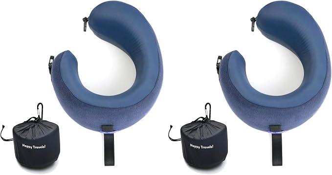 C CUSHION LAB Travel Pillow, Award-Winning Patented Ergonomic Design for Chin & Neck Support Memory Foam Neck Pillow, Compact Airplane Pillow for Traveling, Flight, Car (Navy, Medium) (Pack of 2)