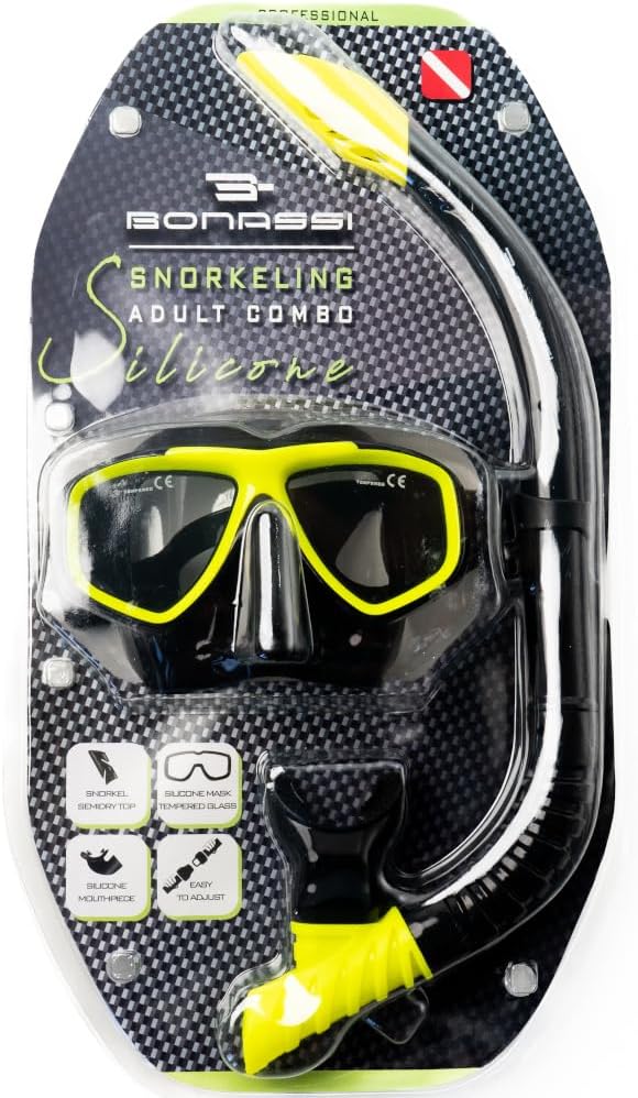 Bonassi Silicon Venture Pro Snorkel Combo with Reusable Bag - Anti-Fog Silicon Soft Mask, Snorkel with Purge Valve, Semi-Dry Top and Silicon Mouthpiece - Perfect for Diving and Snorkeling