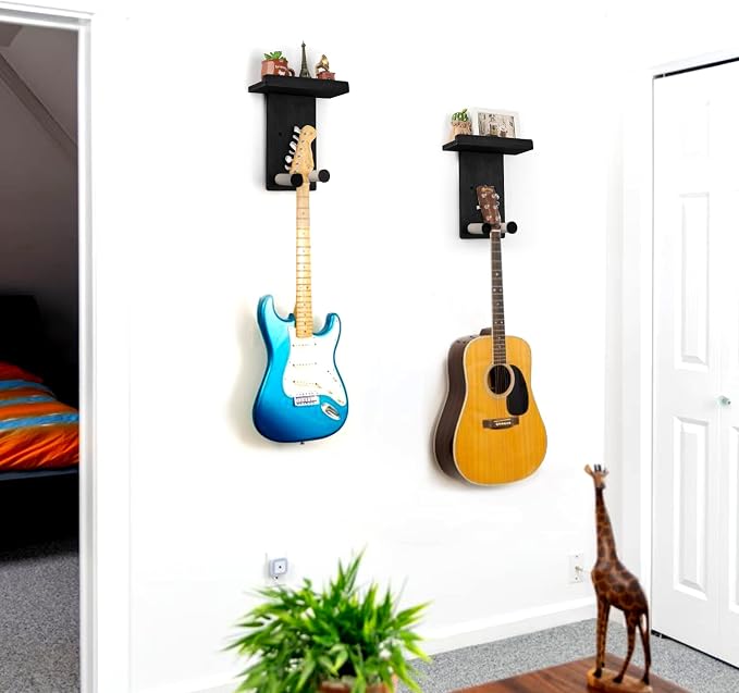 Keebofly Guitar Wall Hanger,2 Pack Guitar Wall Mount Holder Guitar Hanger Shelf with Pick Holder Wood Guitar Rack for Acoustic or Electric Guitar,Ukulele,Bass,Mandolin Black,[Patented]