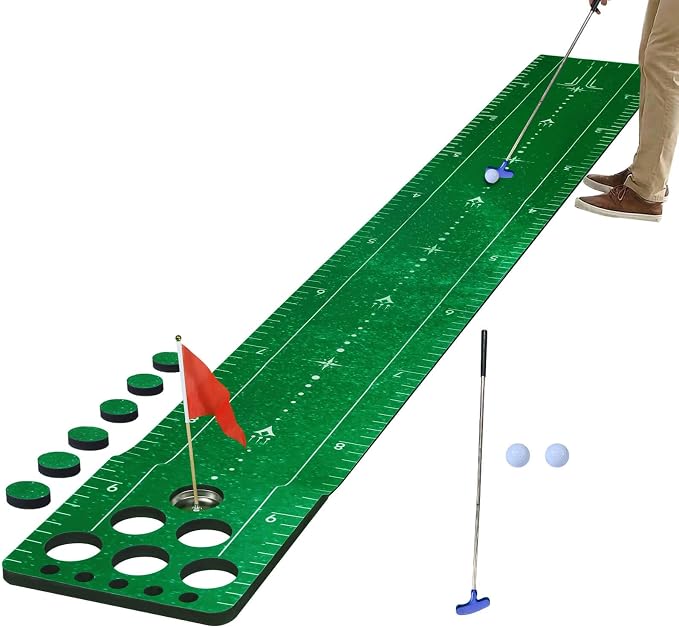 Chriiena Golf Putting Game Mat, Indoor Putting Green Set for Party Game | With 2 Balls, 1 Flag & Cup, Portable Pong Game Mat, Golf Games for Adults, For Backyard, Office, Party Use