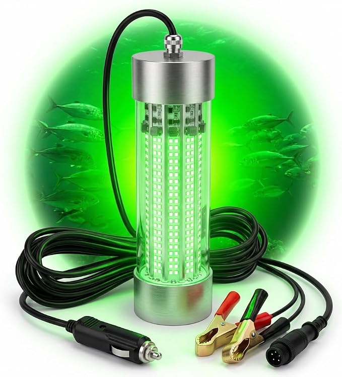 Underwater Fishing Light DC12V Max 200W Fish Attracting Light for Boat Docks Kayaks at Night, IP68 Submersible Green Light for Crappie Snook Squid Bait Catfish (16.4FT Cable)