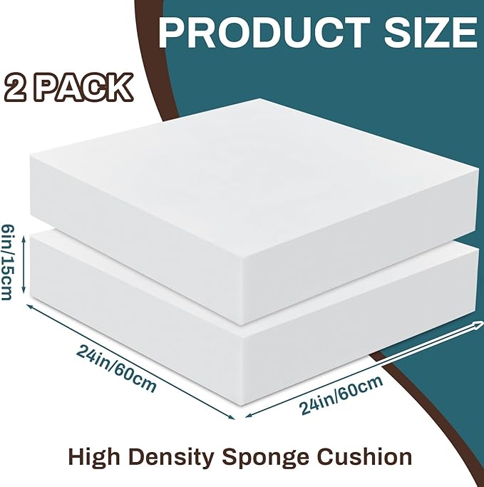 Frienda 2 Pack 6" x 24" x 24"Upholstery High Density Foam Cushion Replacement Square Cut to Size Foam Couch for Chair Couches Padding Shipping Packing DIY Cosplay Projects((White)