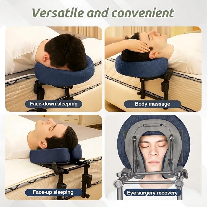 Massage Headrest for Bed, Adjustable Massage Face Cradle at Home, Portable Massage Table Kit for Sleeping Mattress, Face Down Pillow After Eye Surgery (Blue, with Armrest Shelf & Breast Pillow)