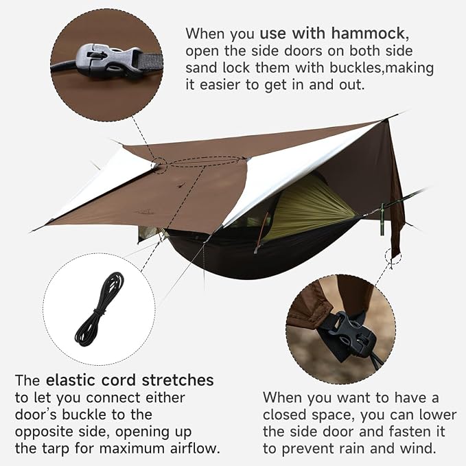 Ultralight Tarp, 14ft Hammock Rain Fly Lightweight Waterproof Camping Tent Tarp with Doors, Bushcraft Tarp Shelter for Backpacking Hiking Camping
