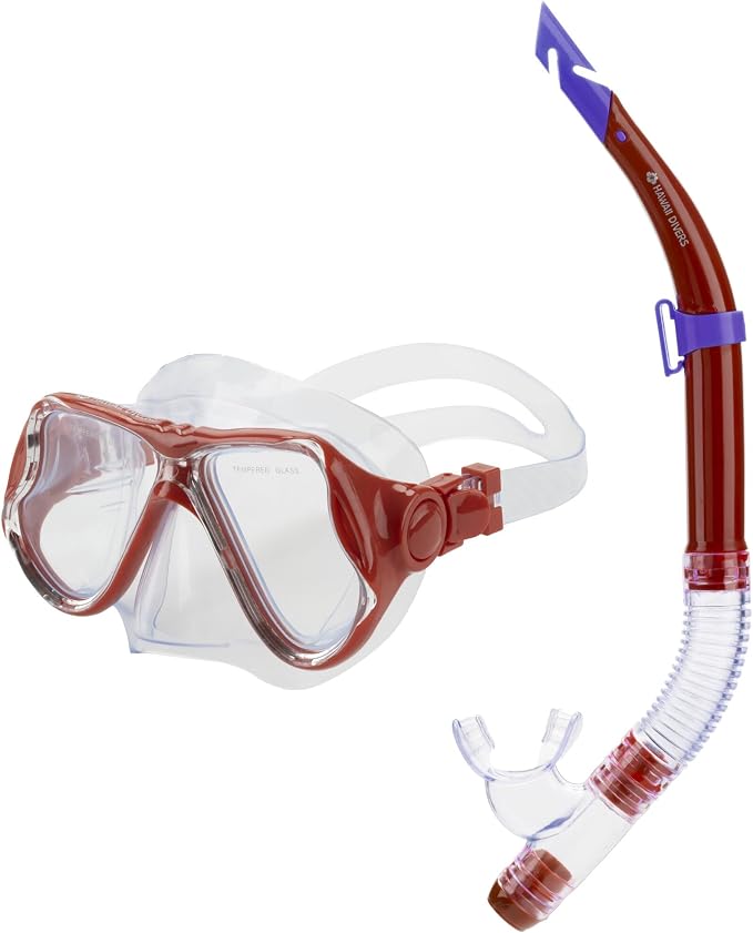 Hawaii Divers Manta Ray Adult Snorkel Set - Premium 2-Window Tempered Glass Snorkel Mask with Silicone Mouthpiece, Snorkeling Gear for Adults
