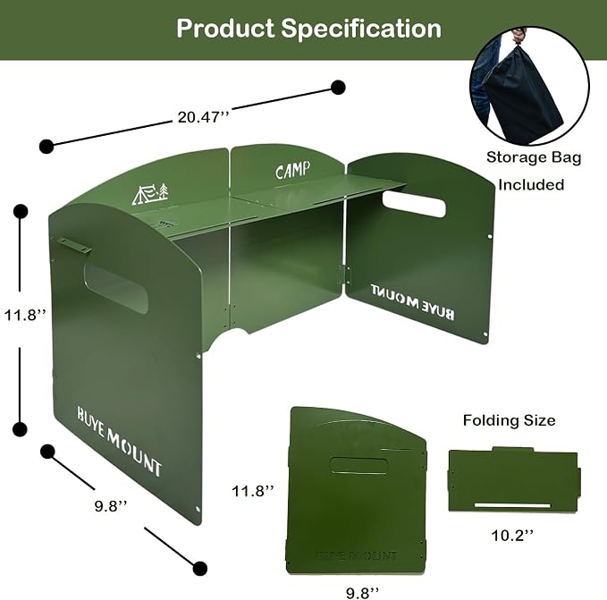 Stove Windscreen - Folding Camping Stove Windshield 4 Plates Stainless Steel Stove Windscreen with Shelf Board for Outdoor, Picnic, Backpacking and Cooking Green, Large, SW-01-Grn