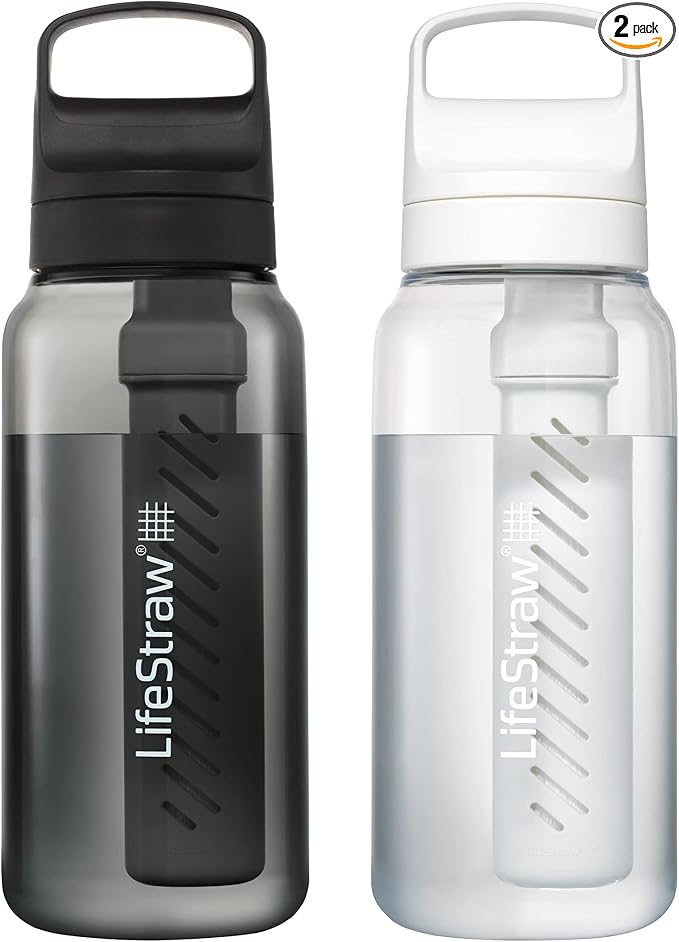 LifeStraw Go Series — BPA-Free Water Filter Bottle for Travel and Everyday Use, Removes Bacteria, Parasites and Microplastics, Improves Taste, 1L 2-Pack Icelandic Blue and Aegean Sea