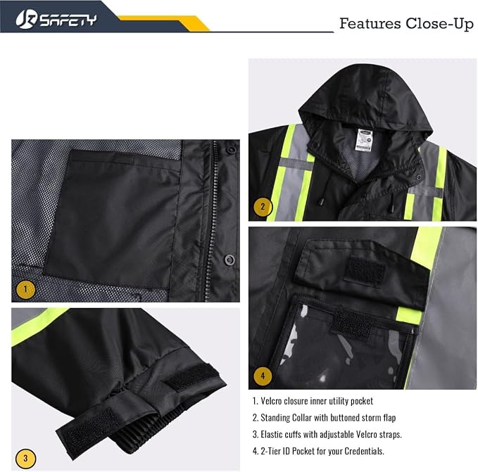 JKSafety Hi-Vis Reflective Safety Rain Jacket for Men Women Waterproof Rain Gears for Farming Fishing Work HV Rain Jacket with Inner Mesh Lining and Pockets (117A-Black L)