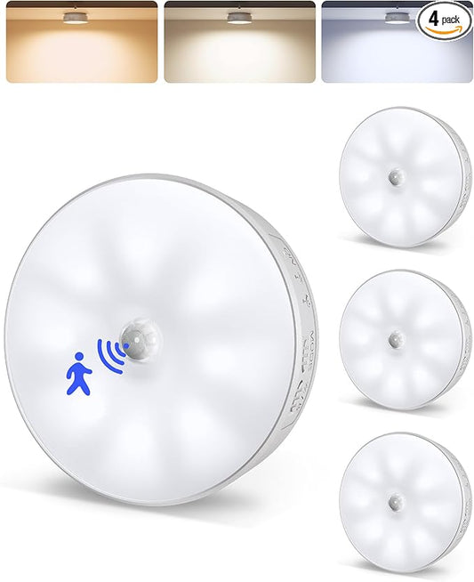 EZVALO 4 Pack Motion Sensor Closet Lights, 1200mAh USB-C Rechargeable LED Puck Lights, Under Cabinet Lights, Night Lights, Dimmable, 3 Color Temps, Magnetic, Stick-On for Closet, Pantry, Stair