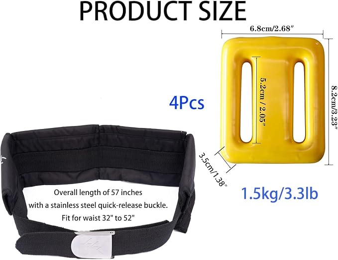 Vinyl Coated Diving Weights-4pcs 1.1-4.4 lbs Dive Weights with 4 Pocket Scuba Weight Belt with Quick Release Buckle,Used for Freediving, Spearfishing & Scuba Diving-Fit for Waist 32" to 52"