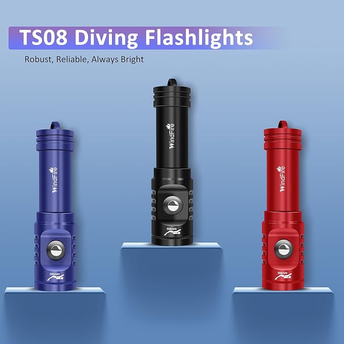 WINDFIRE TS08 Scuba Diving Flashlight, Super Bright Dive Light Rechargeable, 3 Modes Underwater Flashlight, 192 ft Depth IP68 Waterproof Aluminum Torch for Snorkeling, Caving (Blue)
