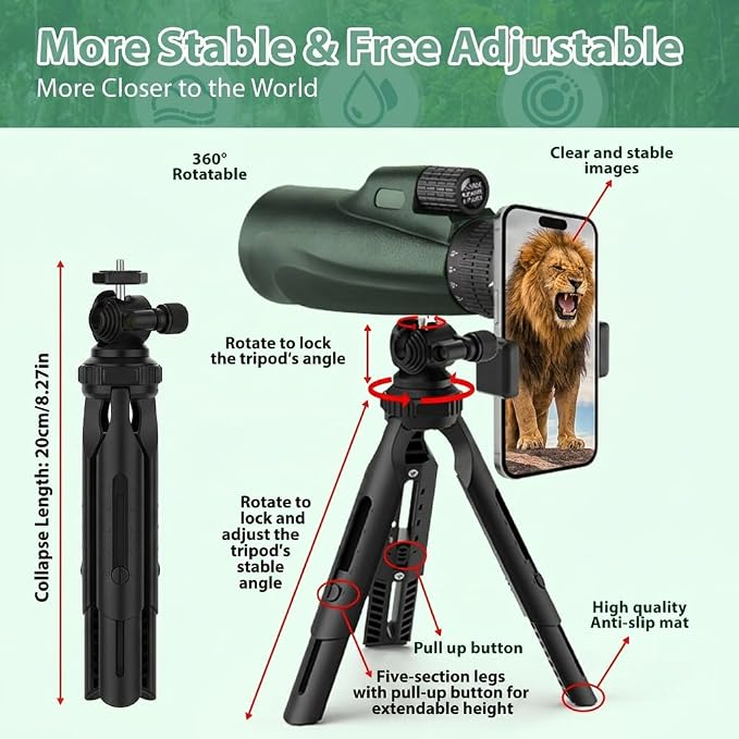 Monocular Telescope 80x100, Wide Field HD Monoculars for Adults with Tripod & Phone Adapter, Perfect for Bird Watching, Hunting, Hiking & Outdoor Activities -Green