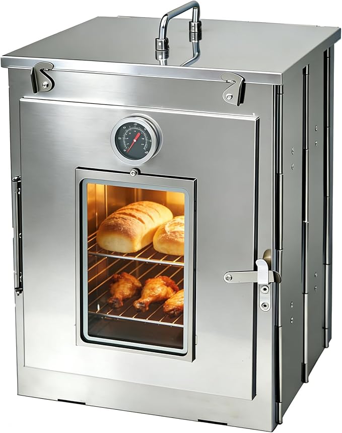 16-Inch H Folding Camping Oven - 2-Tier Grates, Portable Stainless Steel Grill for Baking Bread, Muffins & BBQ, Compatible with Wood-Burning & Propane Stoves