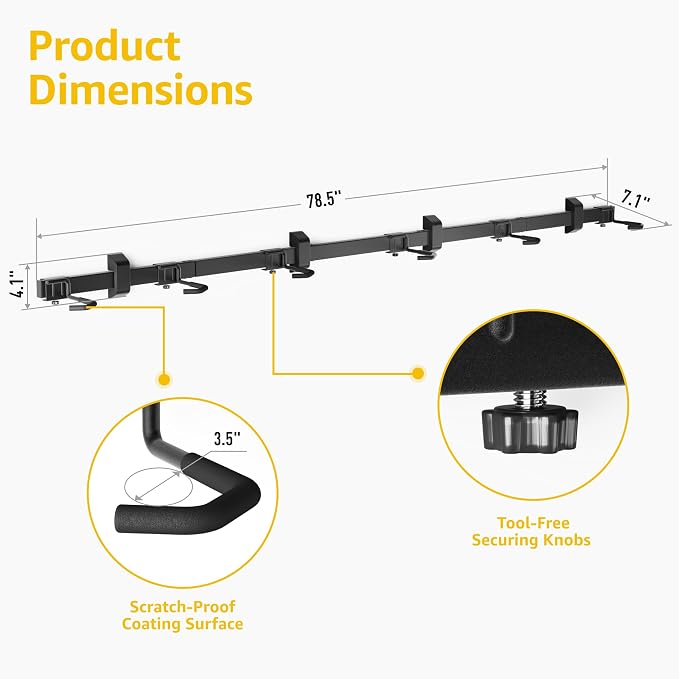 monTEK Enhanced Garage Bike Rack, Adjustable 6 Bike Hangers for Garage, Equipped with 78.5in Extended Rail to Accommodate Various Bicycle Sizes, Heavy-Duty Steel Bike Wall Mount, Max Capacity 330 lbs