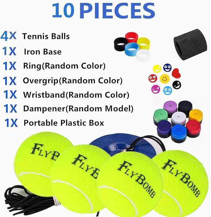 flybomb Portable Tennis Trainer 2.05LB Weight Heavy Iron Base Tennis Training Tool Exercise Tenis Ball Sports Self-Study,3 Replacement Rebound Balls+Wristband+Overgrip+Ring+Damper