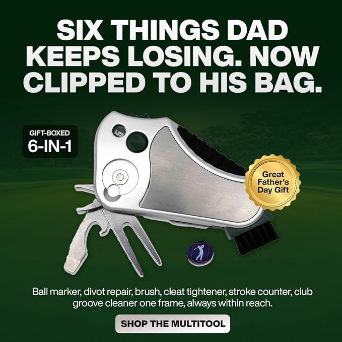 Golfer's Best Tool – 6-in-1 Golf Multitool | Fathers Day Gift | Stroke Counter, Divot Repair, Brush, Ball Marker, Cleat Tightener, Club Cleaner | Compact Golf Gift & Souvenir