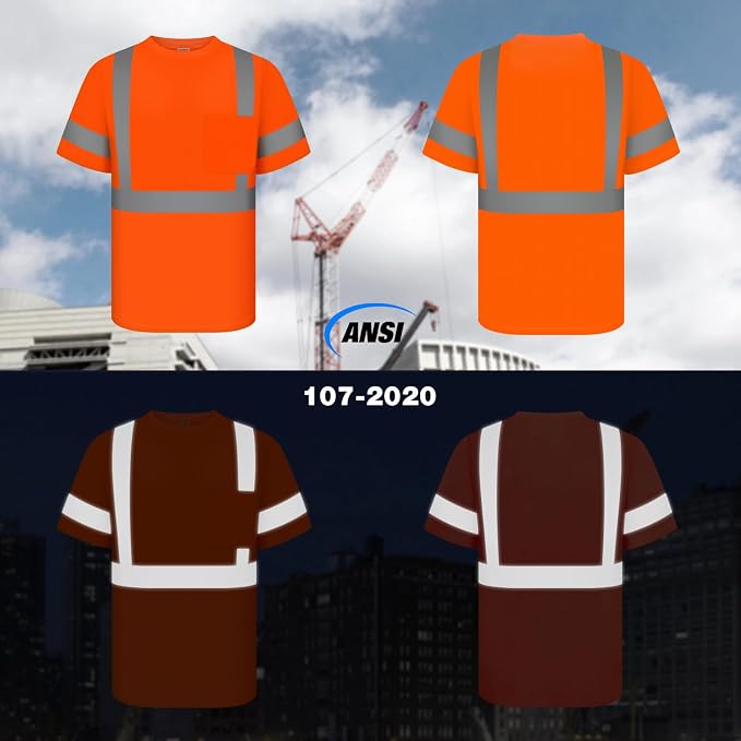TCCFCCT Hi Vis Shirts for Men Class 3 High Visibility Shirt with Short Sleeves, Reflective Safety Shirts for Men, Construction Work Shirts with Reflective Strips, Durable &Breathable, DC-Orange XL