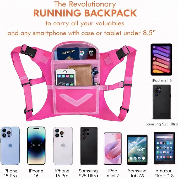 Running Mini Backpack Vest for Men & Women - Hi-viz gear, Holds Valuables, any Phone - Ideal for Fitness, Walking, Cycling!