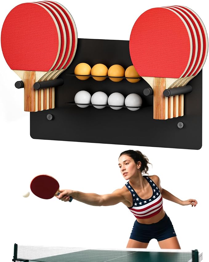 Ping Pong Paddle Holder, Wall Mounted Metal Magnetic Table Tennis Storage Rack Holds