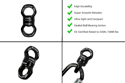 22kN Micro Rotator Climbing Rope Swivel Device Spinner 6700lb Breaking Strength for Rock Climbing Arborist Backyard Swing Aerial Dance Dog Leash Connector CE Certified