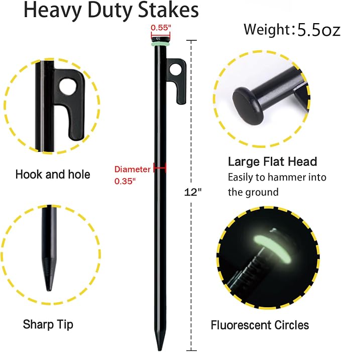 Tent Stake with Hammer, 12-Pack 12in Heavy Duty Tent Stakes + 10in Camping Hammer+Storage Pouch, Forged Steel Stakes for Camping Used on Rocks, Grassland(12Pcs 12in Tent Stakes and Hammer)