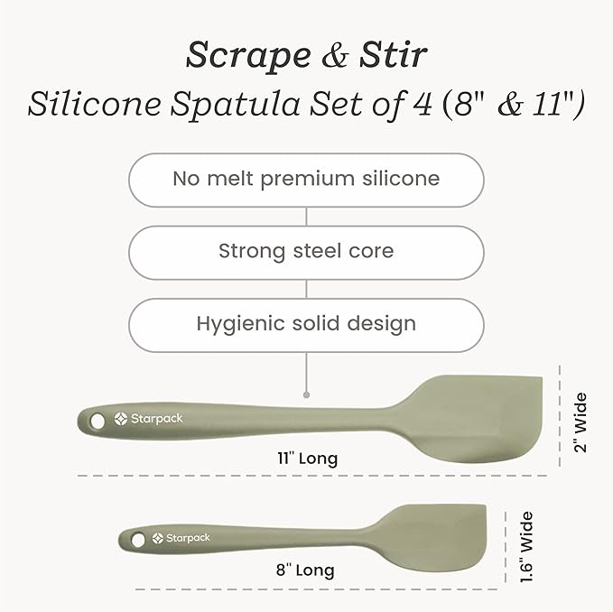 Starpack 'Scrape and Stir' Silicone Rubber Spatula Set (4-Piece) - LFGB Non Toxic, 600°F Heat Resistant, BPA-Free, One-Piece Kitchen Baking Spatulas - Dishwasher Safe for Nonstick Cookware Sage Green