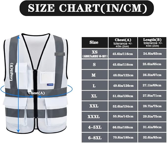 A-SAFETY XSmall White High Visibility Safety Vest with 4 Reflective Strips 7 Pockets,White X-Small